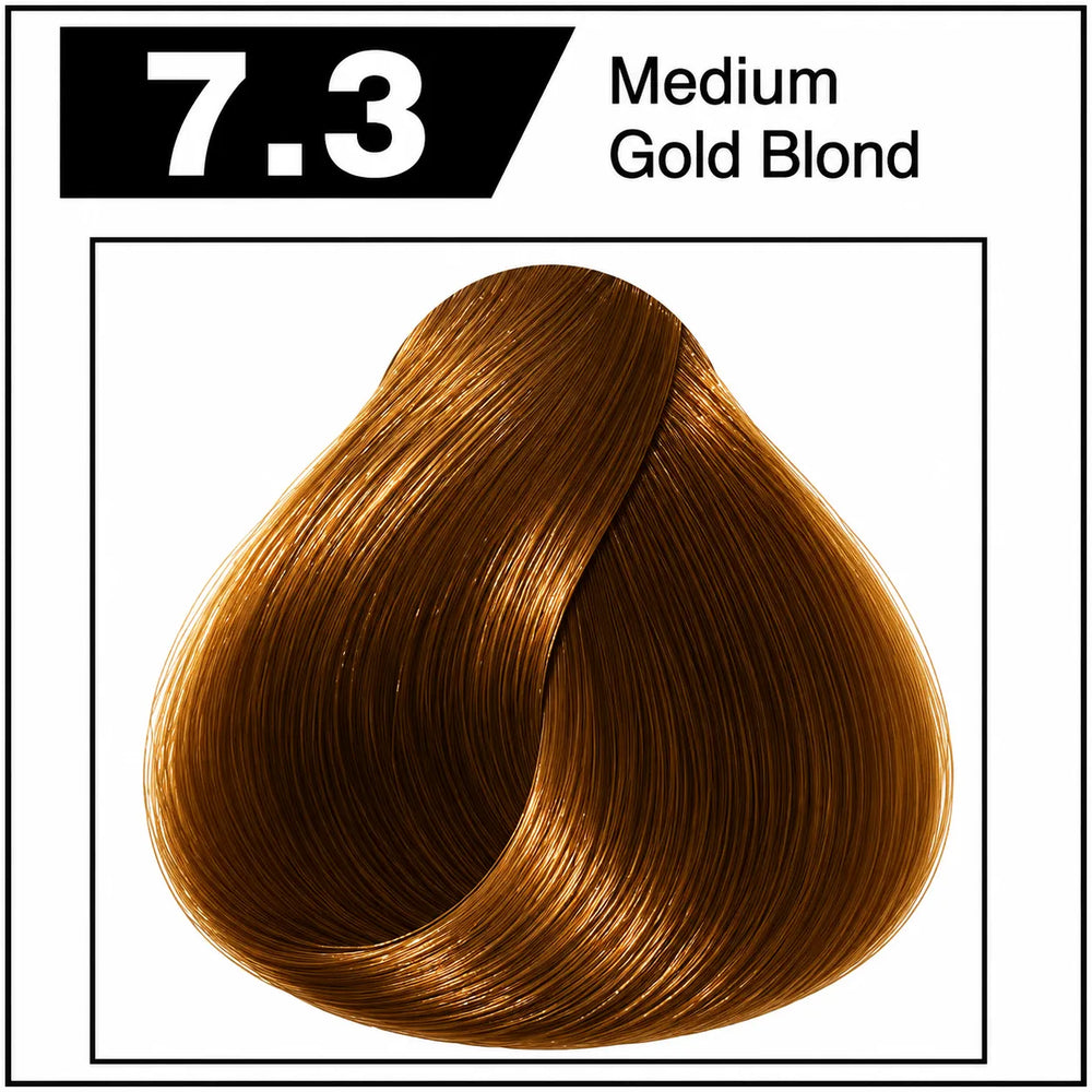 Hair color shade 7.3, medium gold blond, glossy golden-brown hair tone