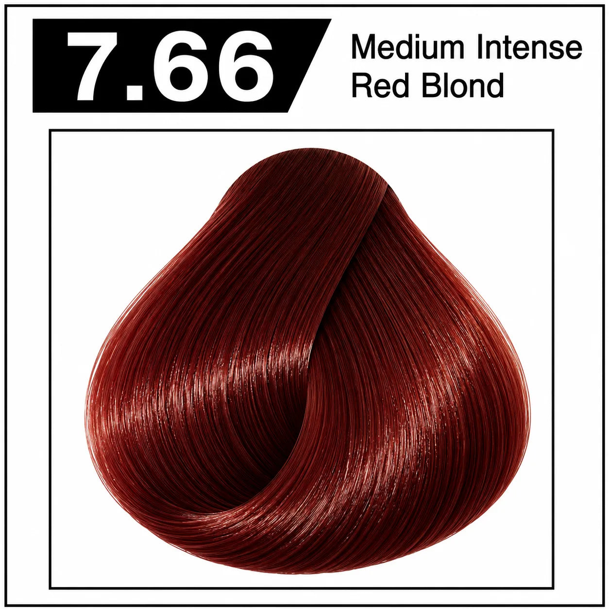 Hair color shade 7.66, medium intense red blond, glossy deep red hair tone