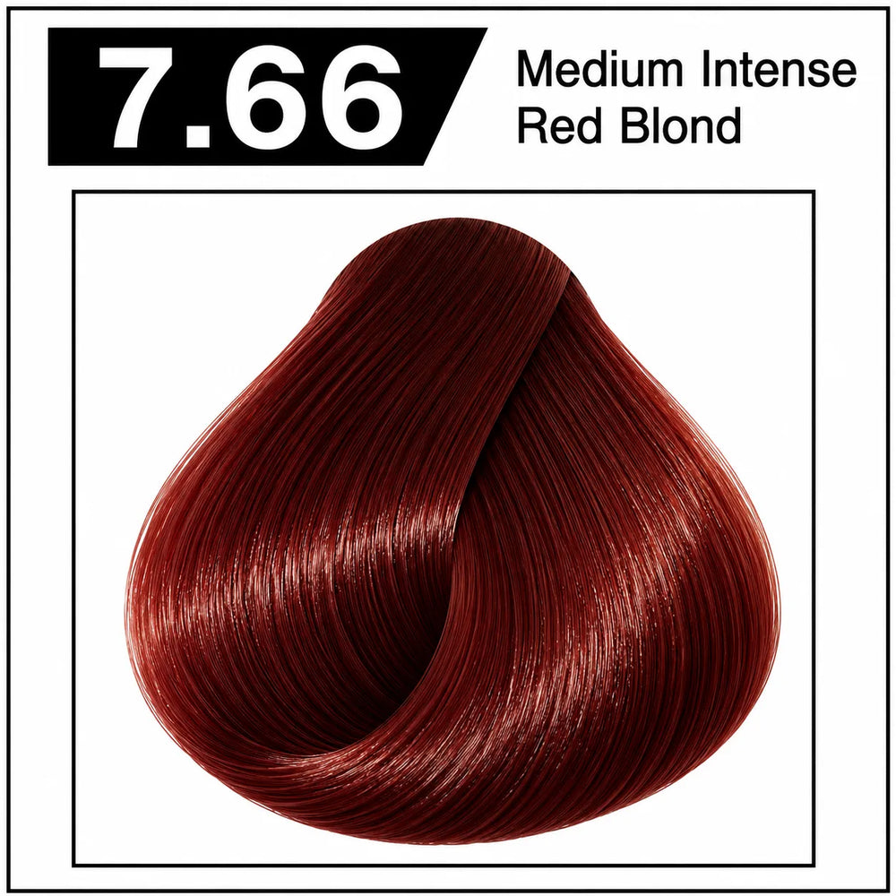 Hair color shade 7.66, medium intense red blond, glossy deep red hair tone