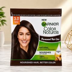 Garnier Color Naturals 3.0 Darkest Brown permanent hair color sachet package.