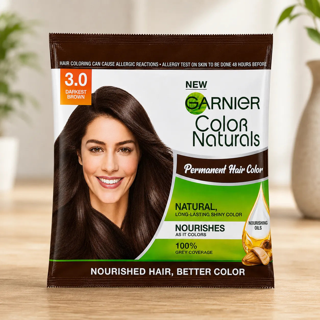 Garnier Color Naturals permanent hair color, shade 3.0 Darkest Brown sachet.