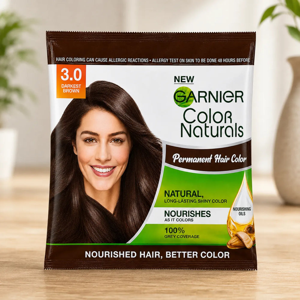 Garnier Color Naturals permanent hair color, shade 3.0 Darkest Brown sachet.