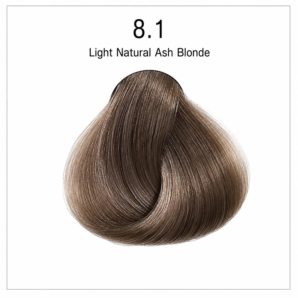 Hair color shade swatch 8.1 light natural ash blonde, curled hair texture sample.