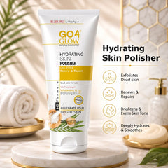 Hydrating skin polisher cream tube with gold accents and exfoliating icons