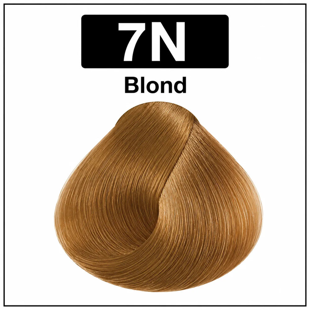 Hair color shade swatch, 7N blond golden blond hair dye cream
