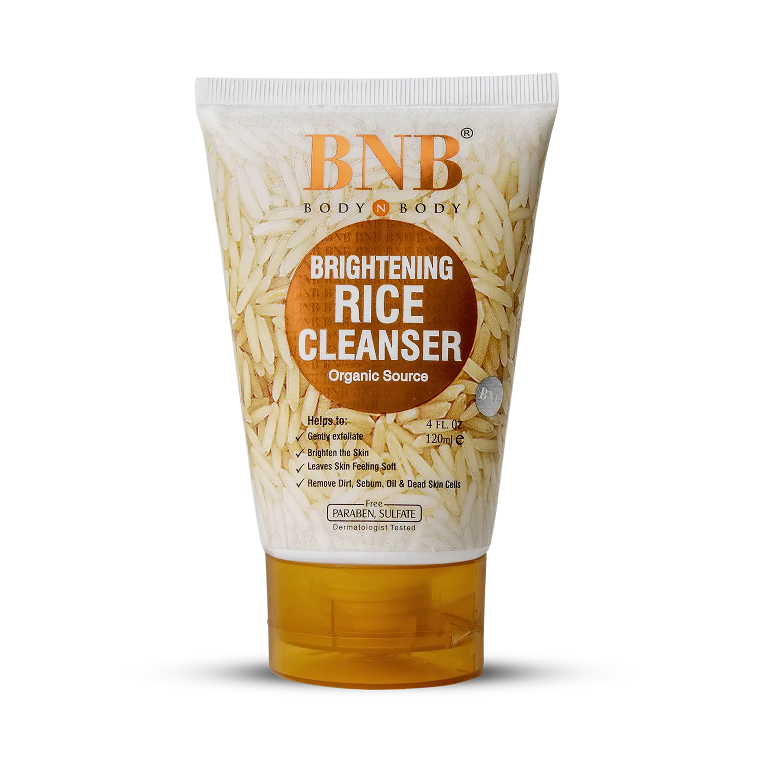 BNB brightening rice cleanser tube, 120 ml, with orange and white label