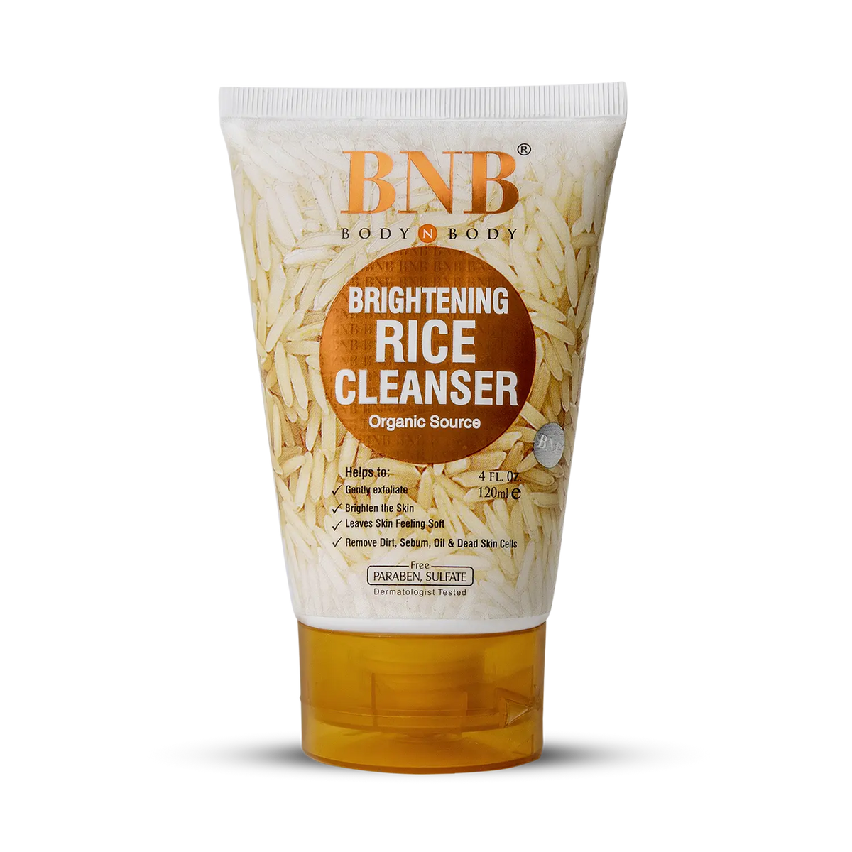 BNB brightening rice cleanser tube, 120 ml, with orange and white label
