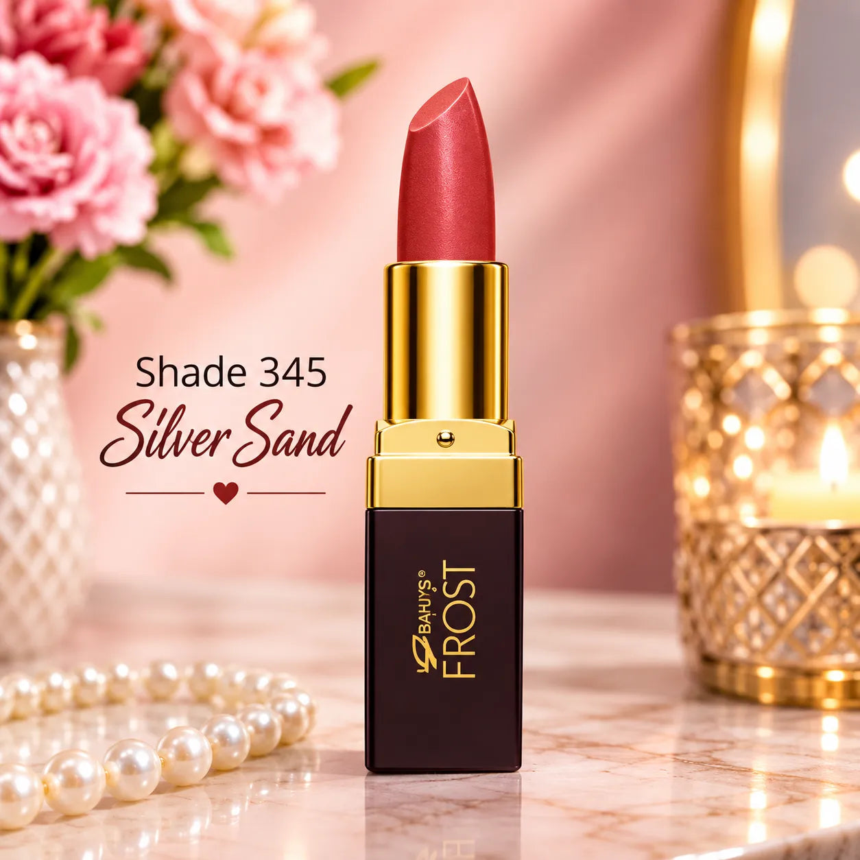 Gold-capped lipstick in Shade 345 Silver Sand, red bullet in a Frost tube.