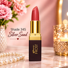 Gold-capped lipstick in Shade 345 Silver Sand, red bullet in a Frost tube.