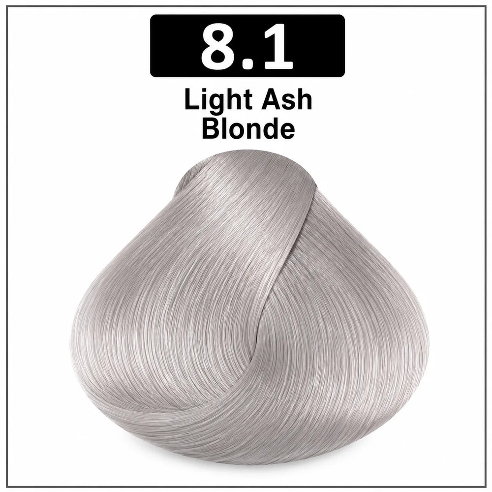 Hair color shade 8.1 Light Ash Blonde, pale cool ash blonde swatch.