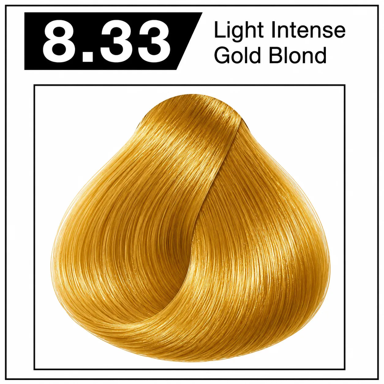 Hair color shade 8.33, light intense gold blond, glossy bright gold hair tone
