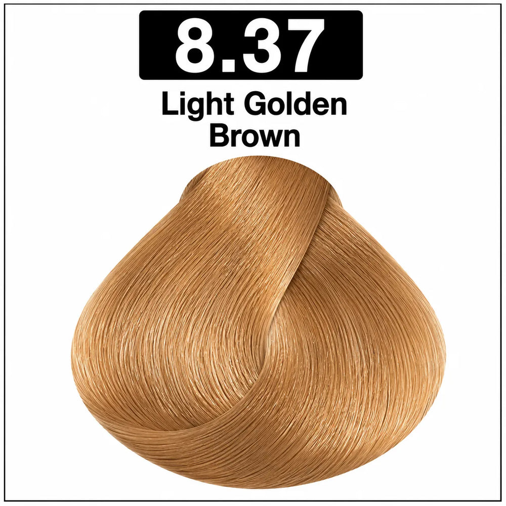 Hair color shade 8.37 Light Golden Brown, light golden blonde swatch.