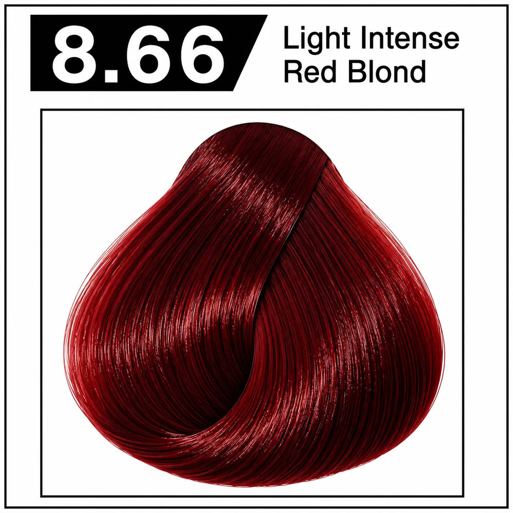 Hair color shade 8.66, light intense red blond, glossy reddish hair tone