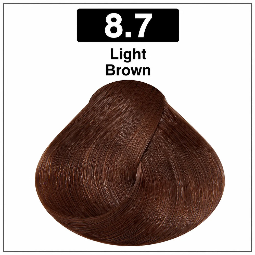 Hair color shade 8.7 Light Brown, reddish light brown swatch.