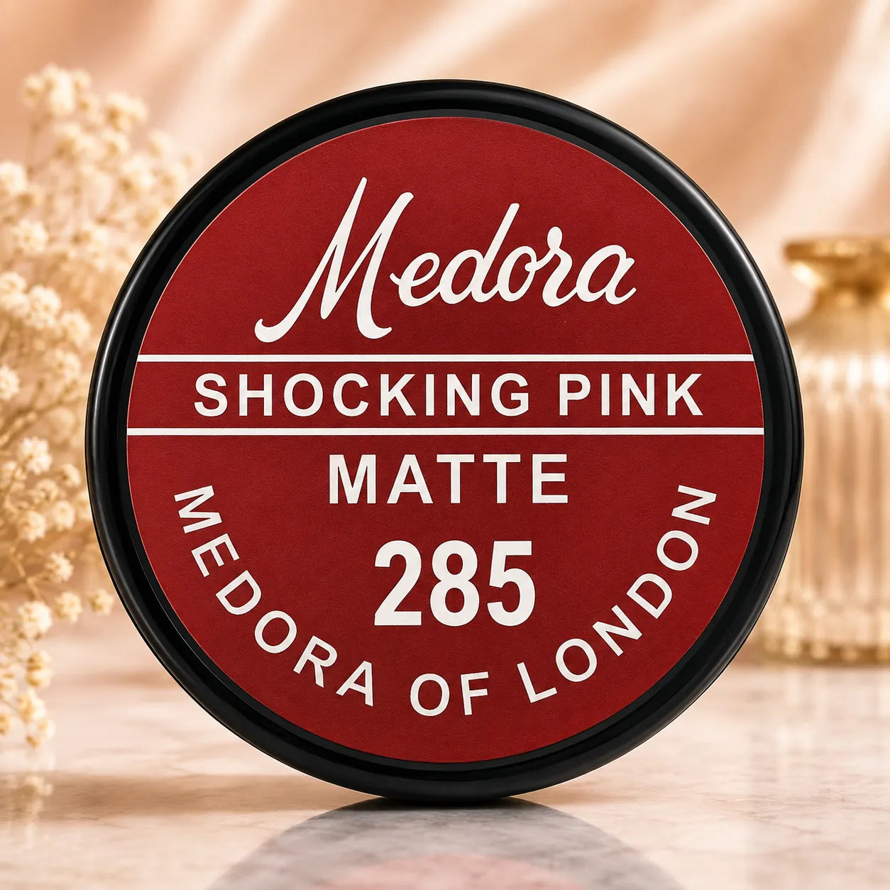 Medora lipstick balm tin, matte shocking pink shade 285