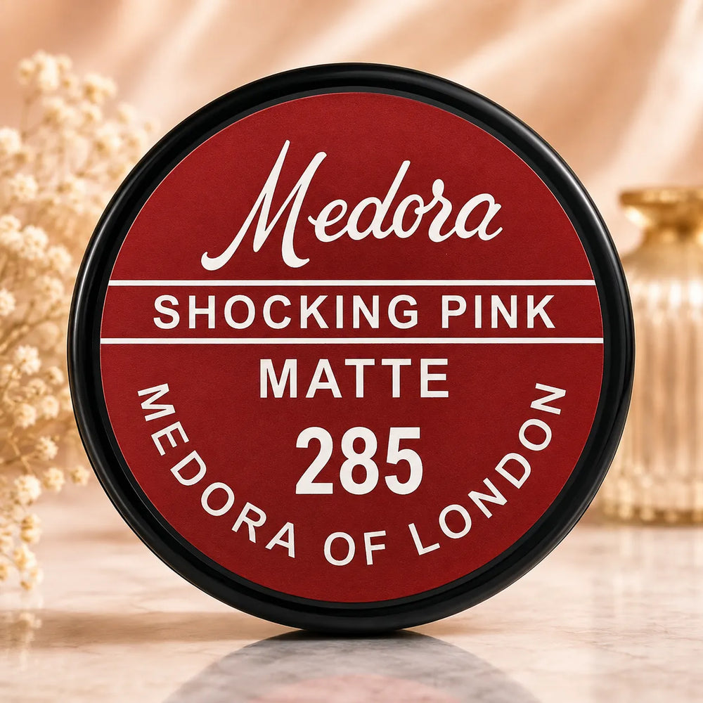 Medora lipstick balm tin, matte shocking pink shade 285