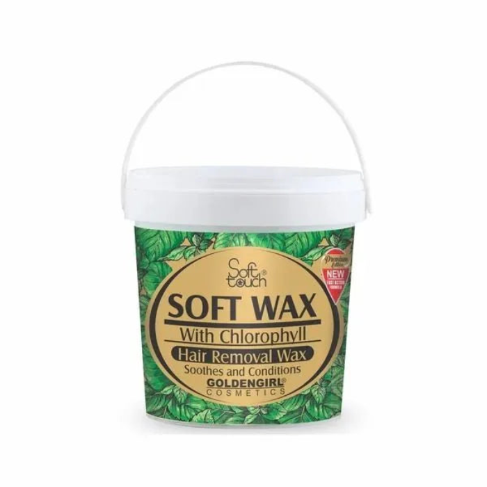 Hair removal wax tub with chlorophyll, white lid and green leaf patterned label