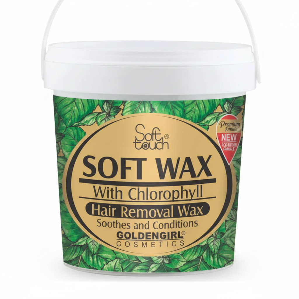 Hair removal wax tub front label with Soft Wax and chlorophyll, white lid, green leaves