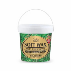 Hair removal wax tub with chlorophyll, white lid and green leaf patterned label