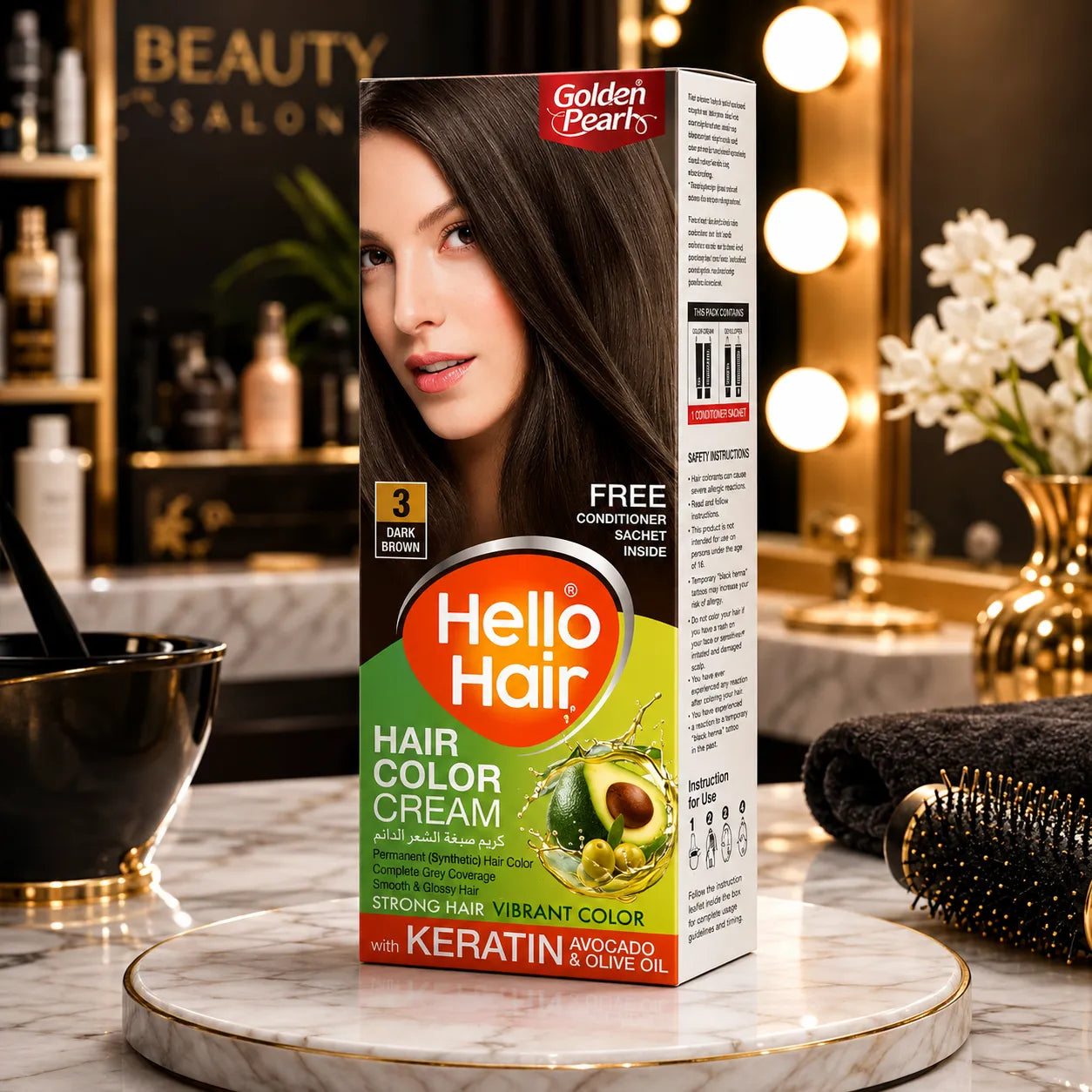 Dark brown hair color cream box with free conditioner and olive oil graphic