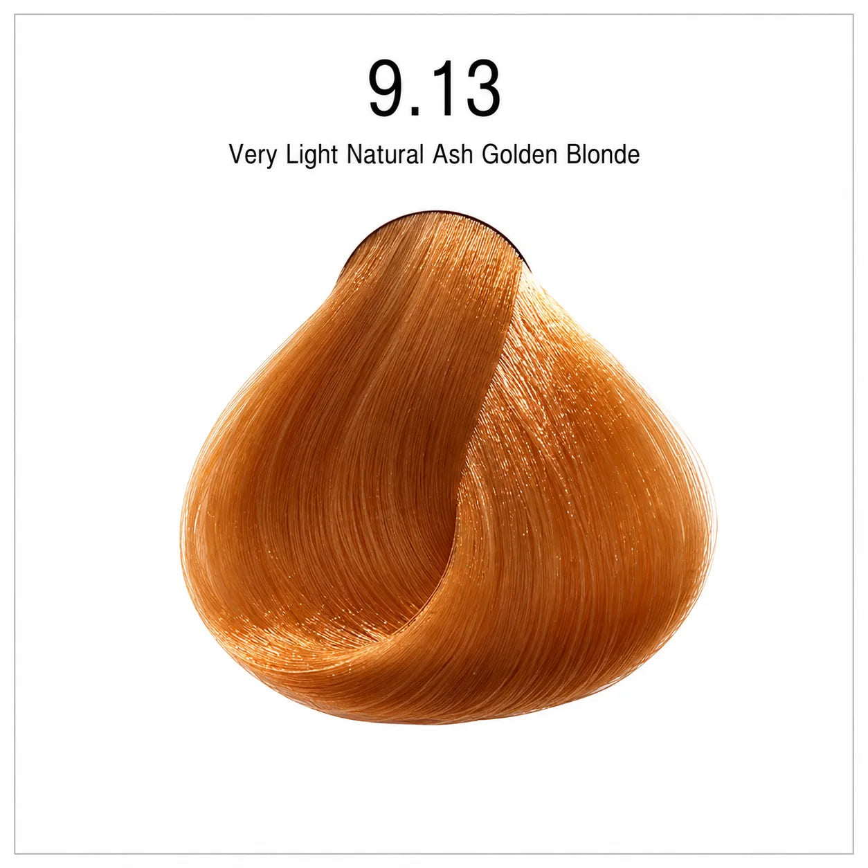 Hair color shade swatch 9.13 very light natural ash golden blonde, curled hair texture.