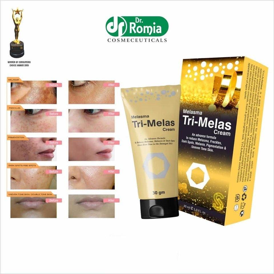 Dr. Romia Tri-Melas Cream tube and box with logo and skin result photos