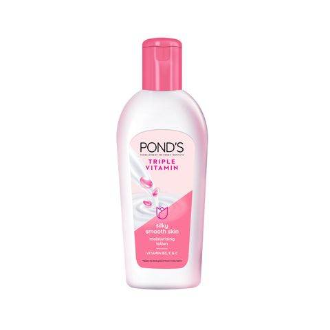 POND'S Triple Vitamin body lotion bottle with pink cap, white and pink label