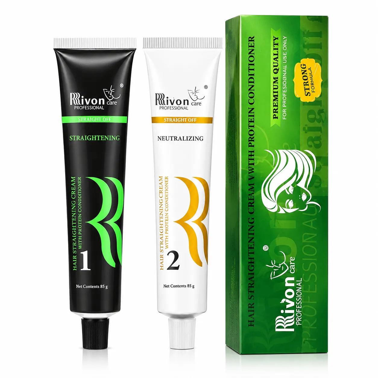 Hair straightening cream set: two tubes (1,2) with green conditioning box