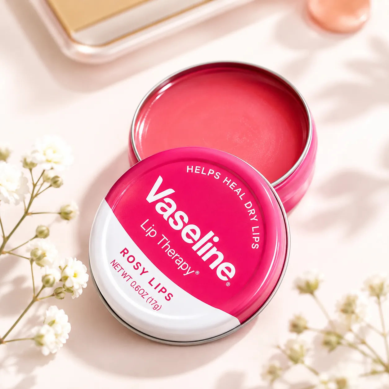 Rosy lips lip balm tin with red-pink balm, open in round metal case