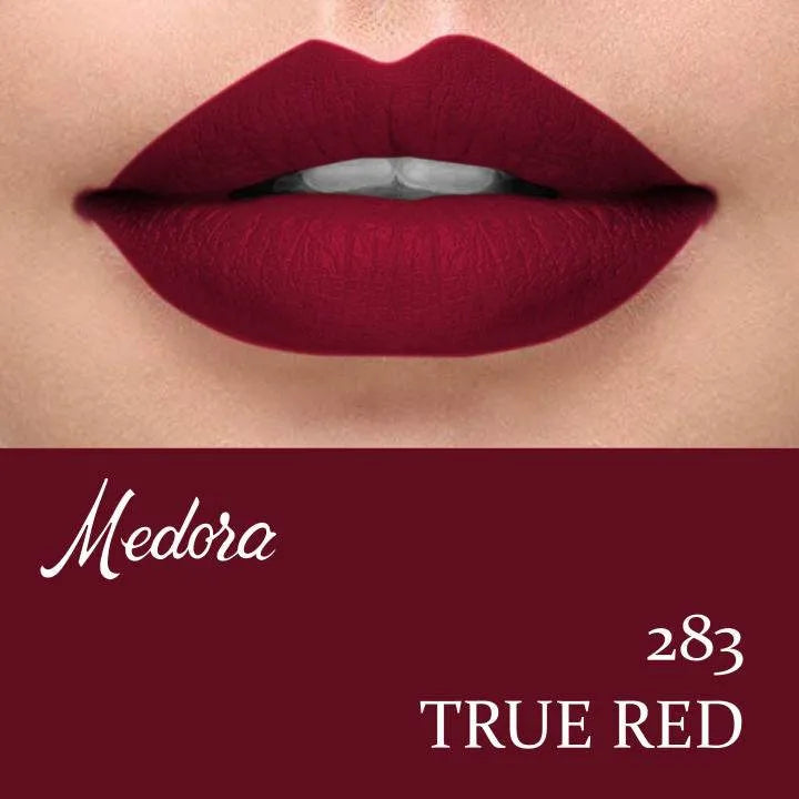 Matte lipstick on lips, true red shade (deep berry-red)