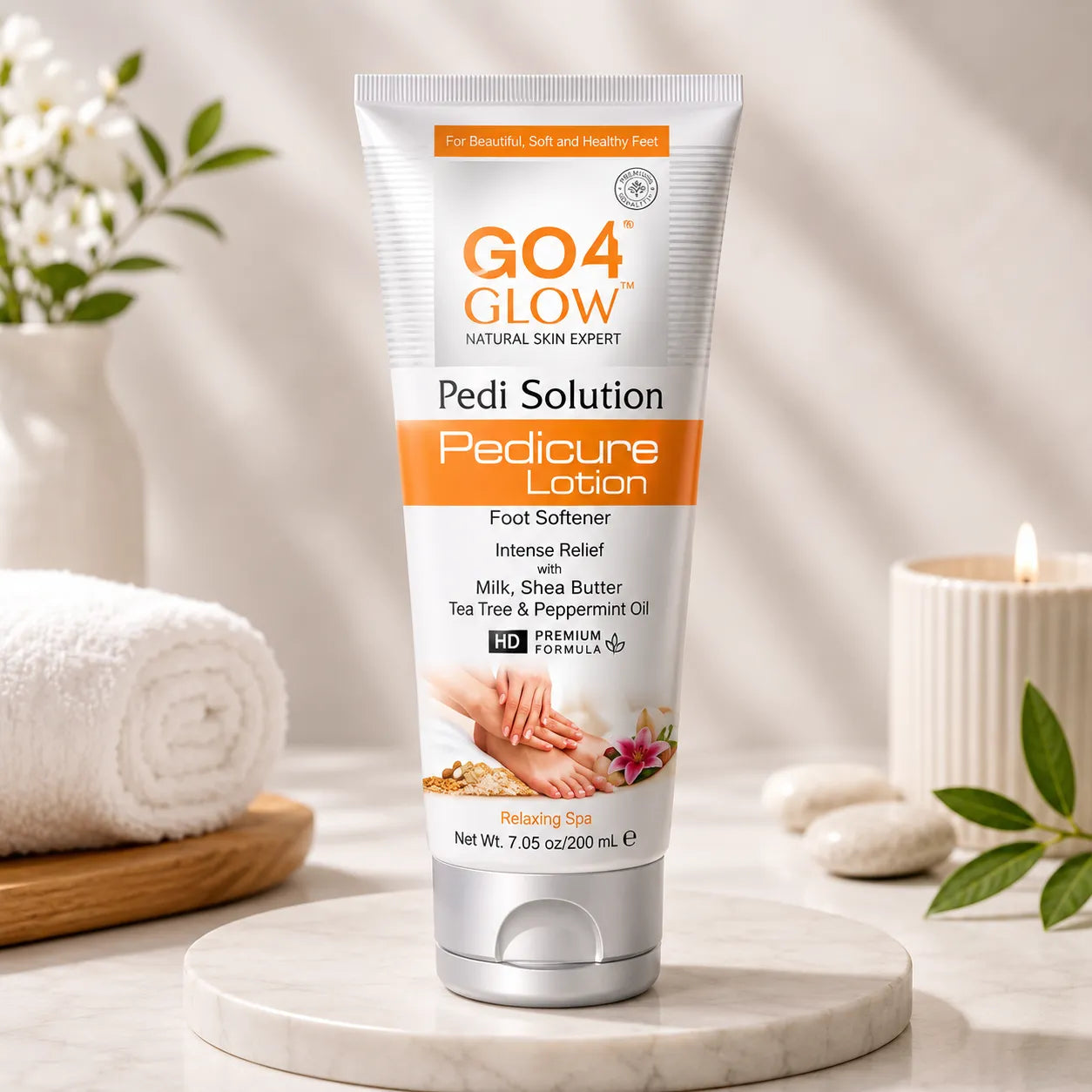 Go4Glow pedicure lotion tube, white with orange label and flip-top cap