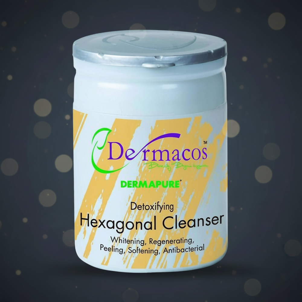 Dermacos Dermapure Hexagonal Cleanser jar with light blue body and front label