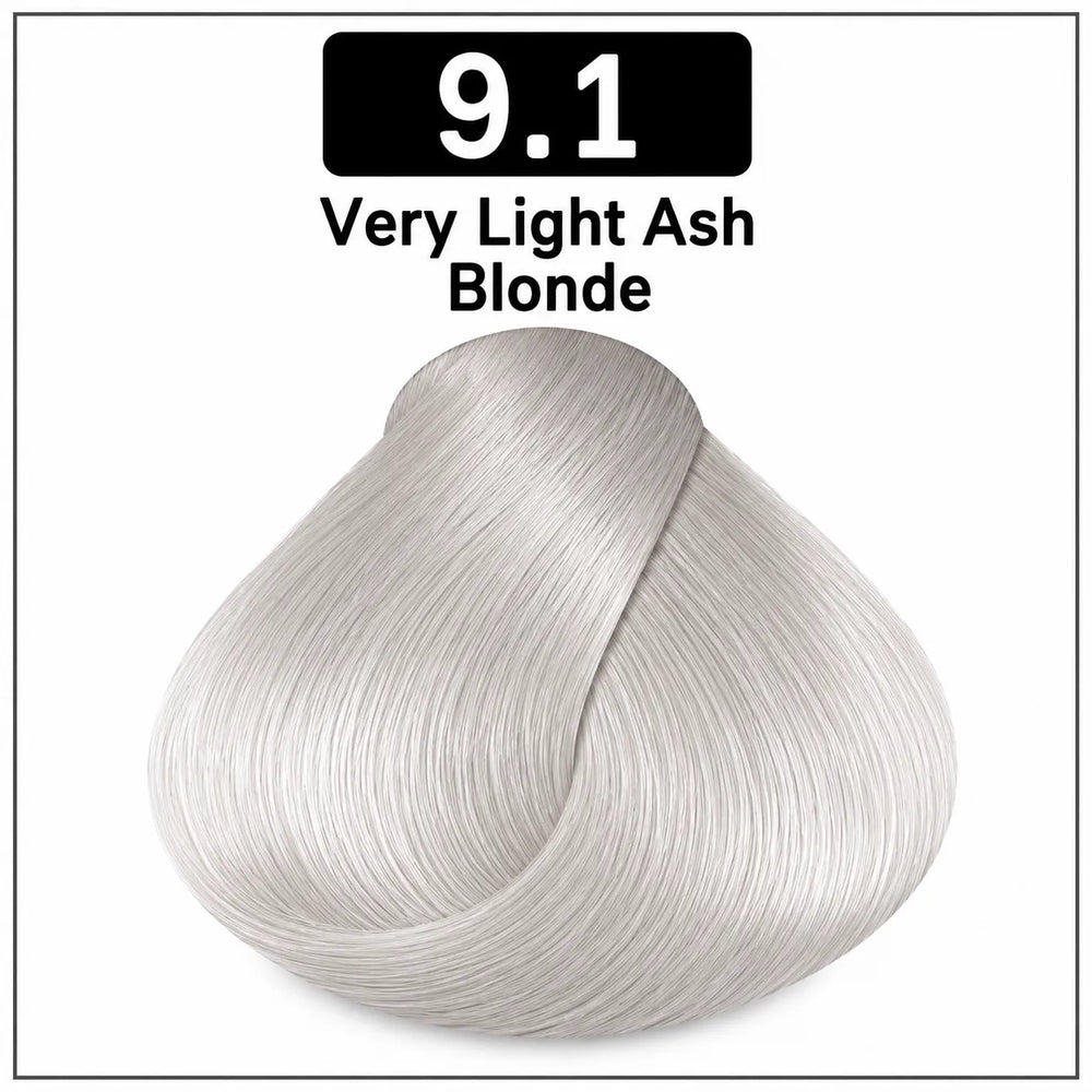 Hair color shade 9.1 Very Light Ash Blonde, very light cool ash blonde swatch.
