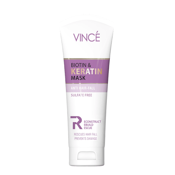 Vince hair mask tube front, Biotin & Keratin, anti hair-fall, sulfate free wording