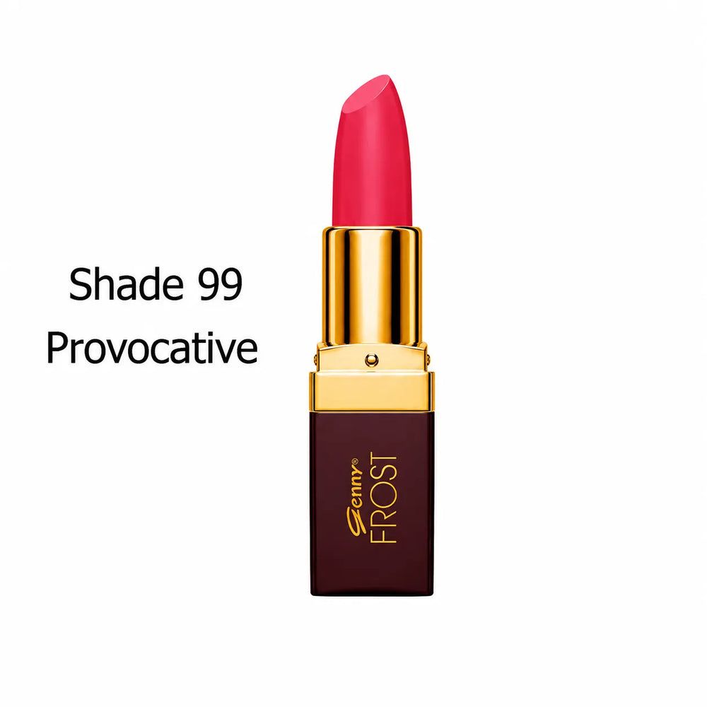 Red lipstick tube with gold cap and maroon base, angled front