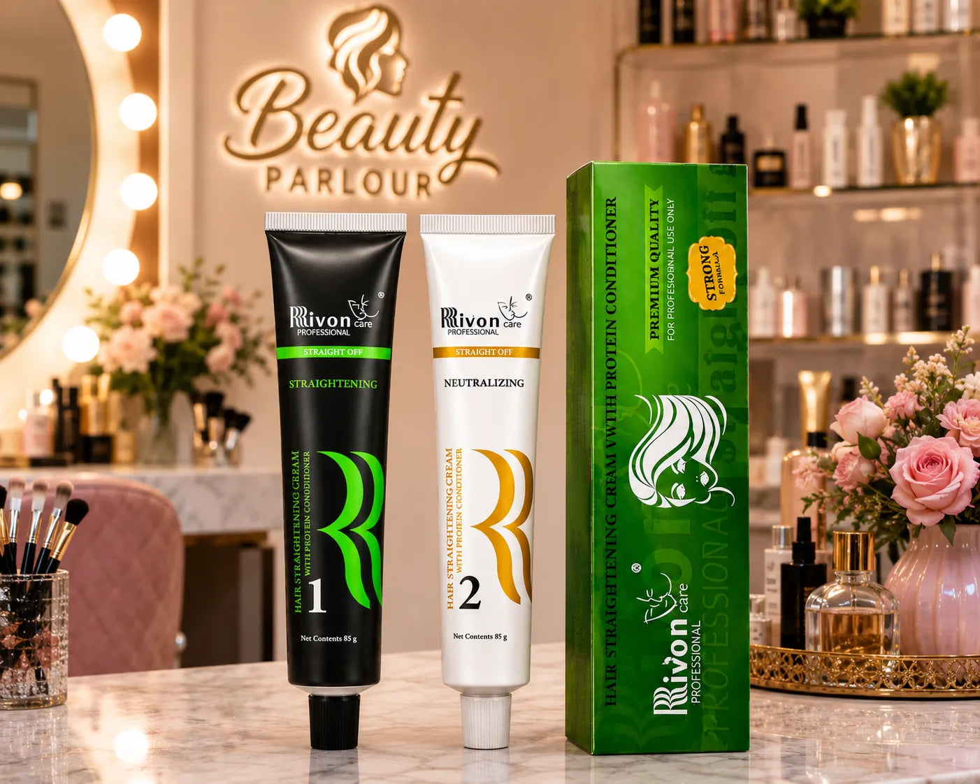 Hair straightening cream tubes 1 and 2 with upright green conditioning box