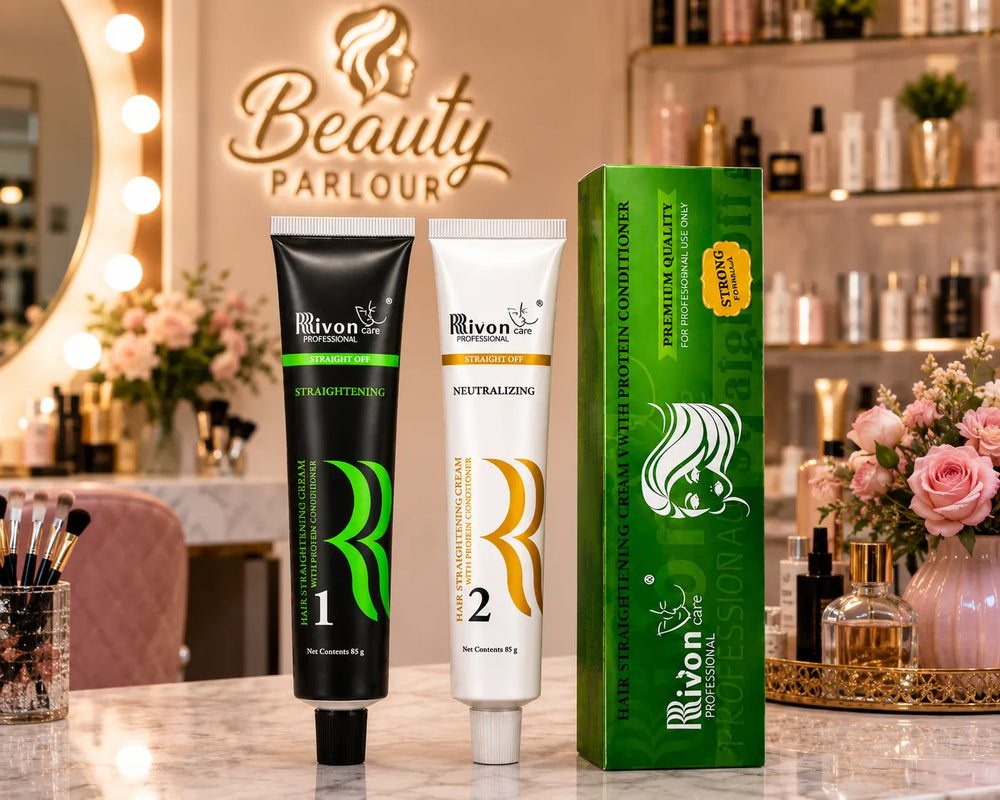 Hair straightening cream tubes 1 and 2 with upright green conditioning box