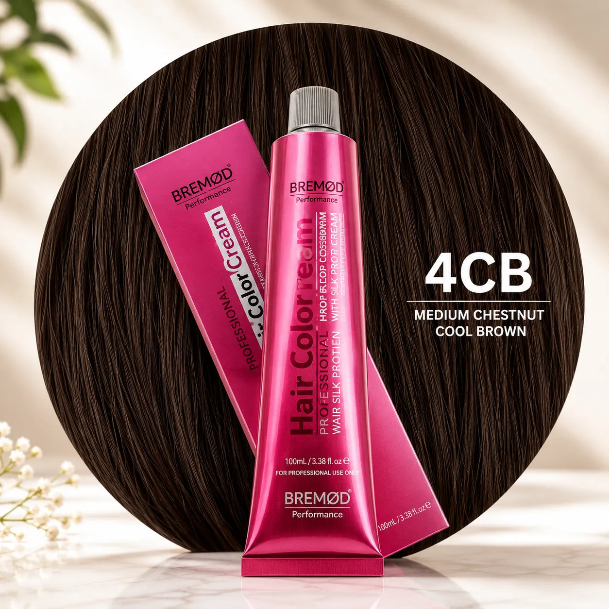 Hair color cream tubes, 4CB medium chestnut cool brown, pink packaging with silver cap