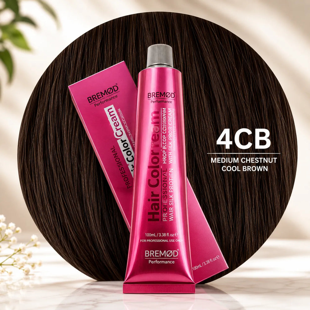 Hair color cream tubes, 4CB medium chestnut cool brown, pink packaging with silver cap