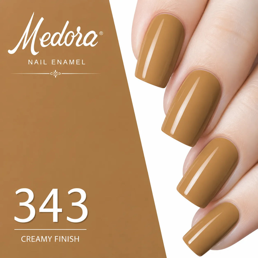 Nail polish in 343 muted olive-brown creamy finish on fingernails