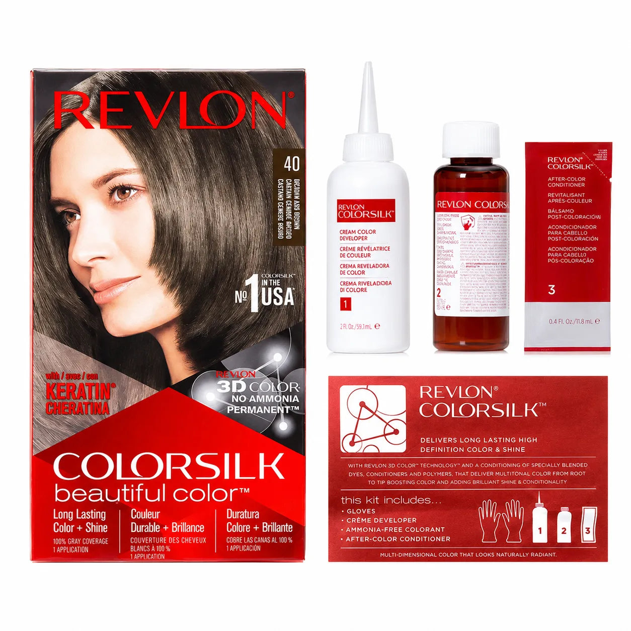 Revlon ColorSilk hair dye kit set: box, developer bottle, and cream bottle