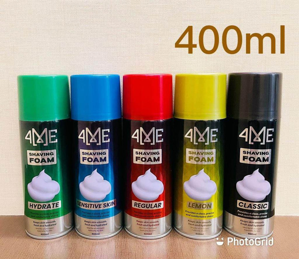4ME shaving foam 400ml, five assorted colored cans on display