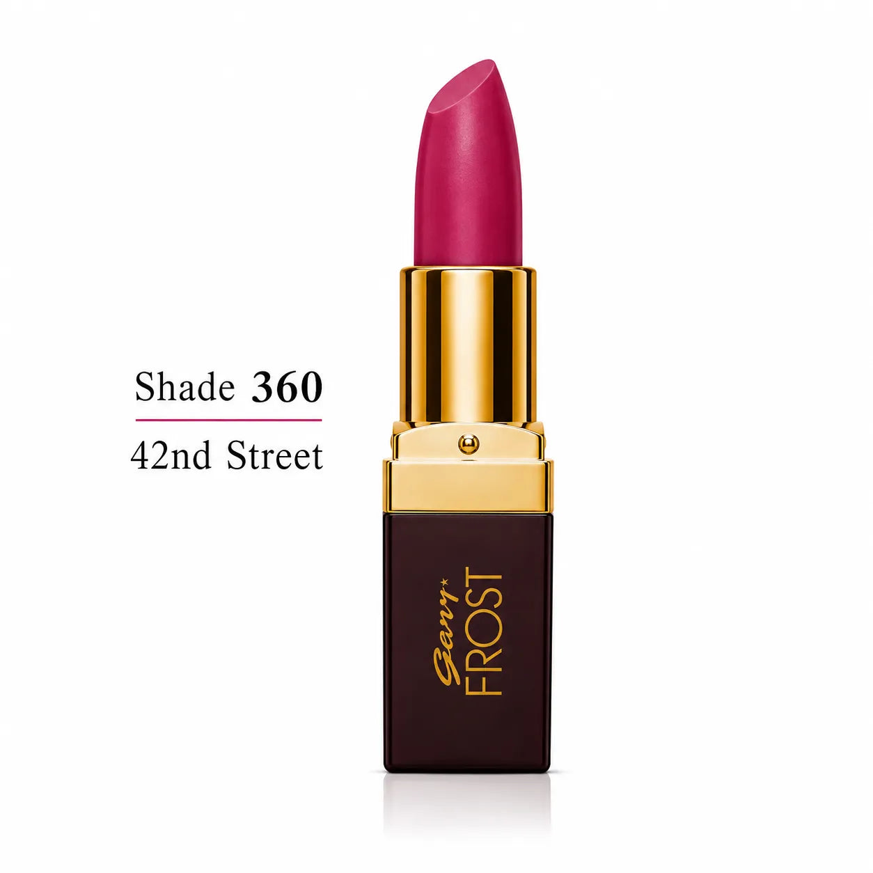 Shade 360 lipstick, 42nd Street, magenta bullet with gold cap on dark base