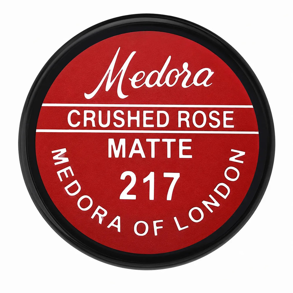 Round matte lipstick tin labeled Crushed Rose 217