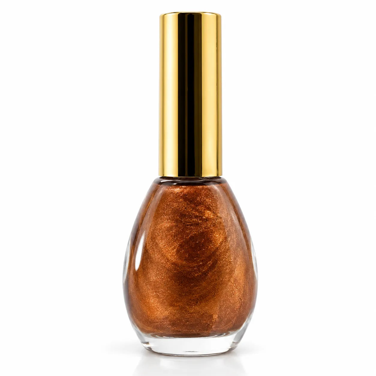 Copper-brown glitter nail polish bottle with gold cap