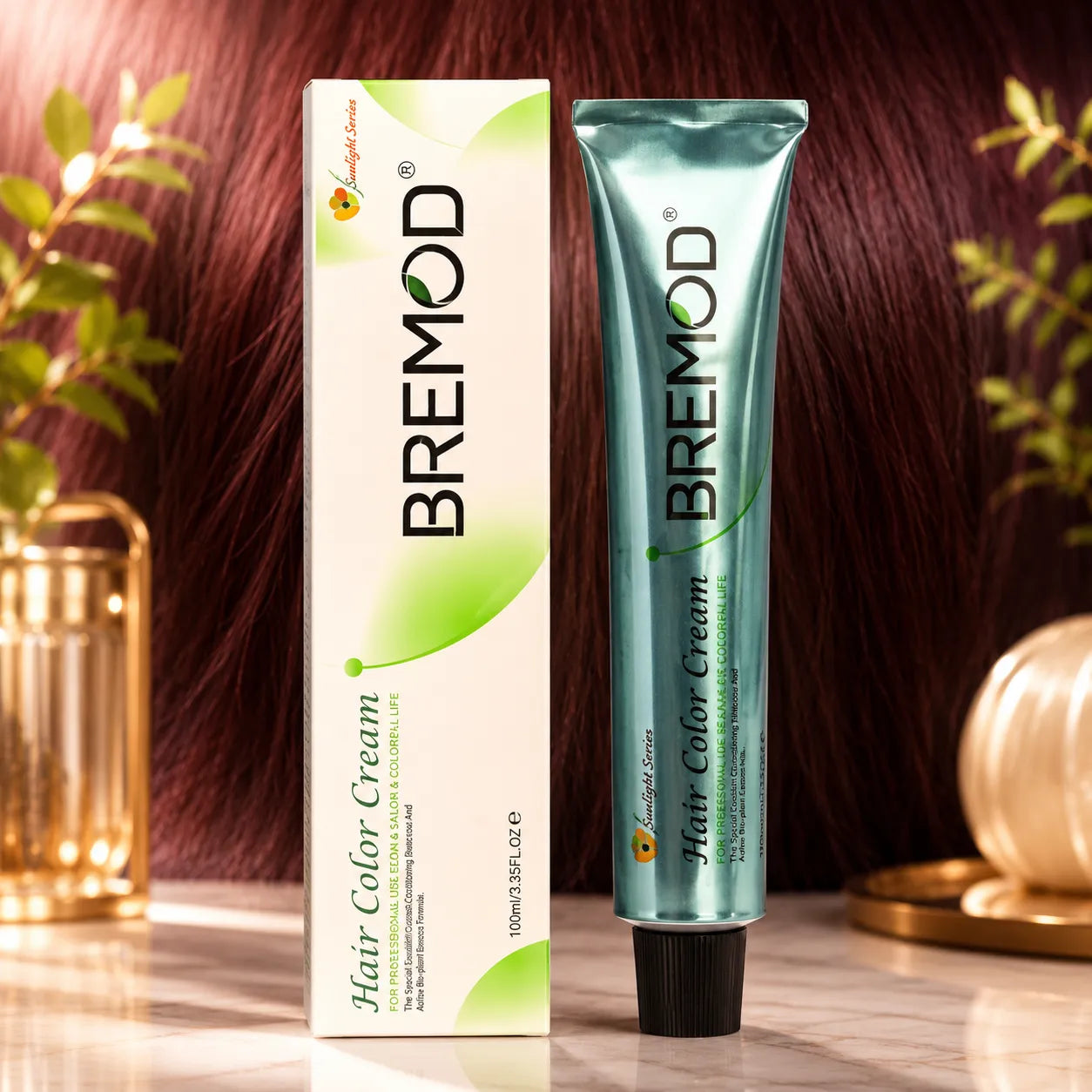 Bremod hair color cream tube and box, dark mahogany red-brown shade.