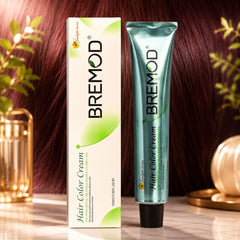 Bremod hair color cream tube and box, dark mahogany red-brown shade.