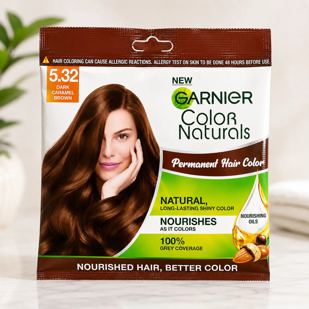 Hair color box with 5.32 dark caramel brown shade label and Garnier Color Naturals