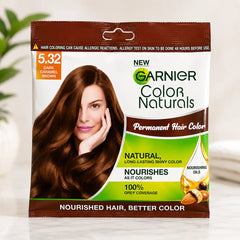 Hair color box with 5.32 dark caramel brown shade label and Garnier Color Naturals