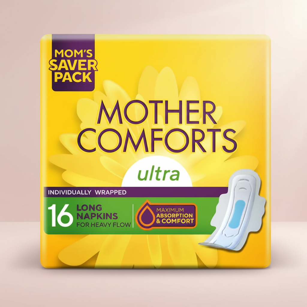 Sanitary pad pack front with 16 long ultra napkins, individually wrapped, yellow box and pad